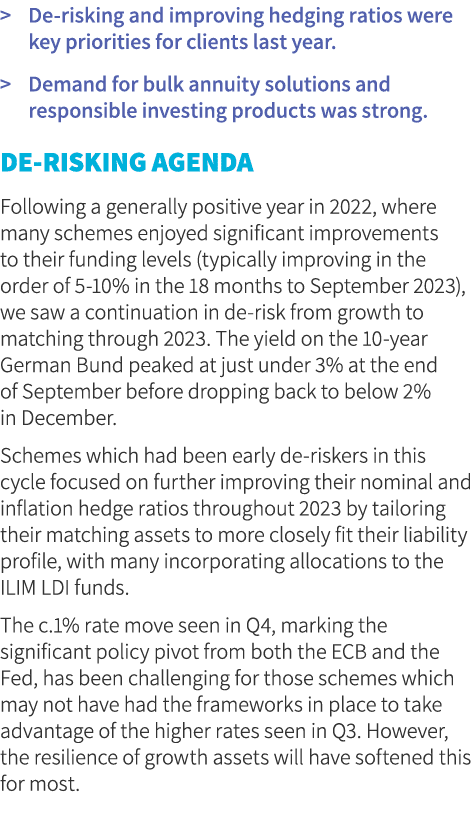  De risking and improving hedging ratios were key priorities for clients last year.   Demand for bulk annuity soluti...