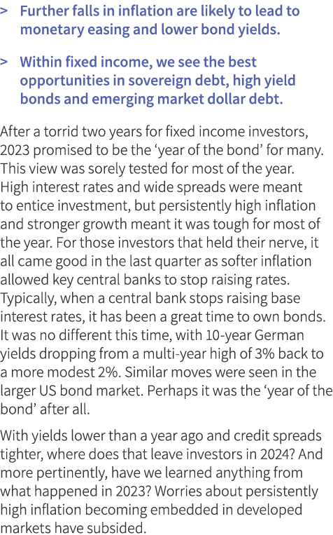  Further falls in inflation are likely to lead to monetary easing and lower bond yields.   Within fixed income, we s...