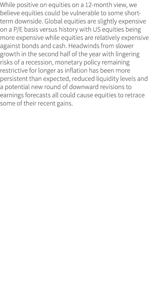 While positive on equities on a 12 month view, we believe equities could be vulnerable to some short term downside. G...