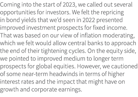 Coming into the start of 2023, we called out several opportunities for investors. We felt the repricing in bond yield...